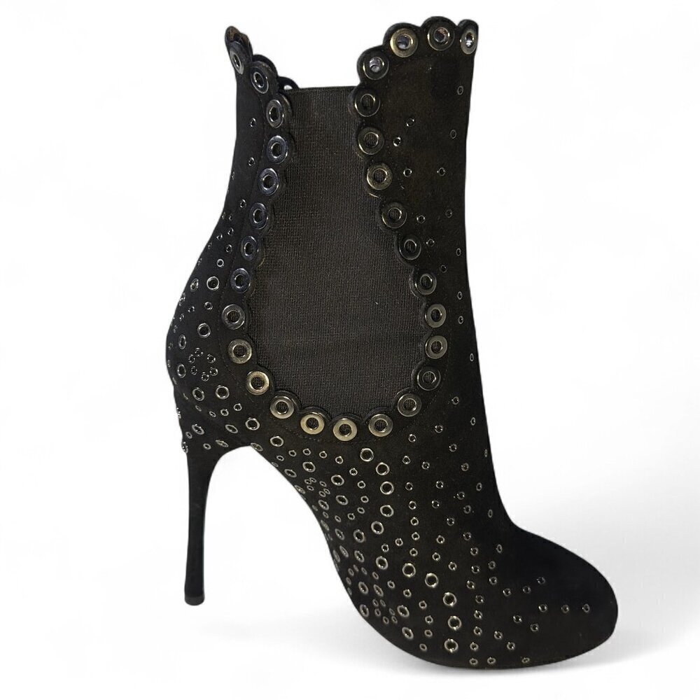 Alaia Women's Grommet Embellished Black Suede Mid Ankle Booties Size EU 37 NWOT